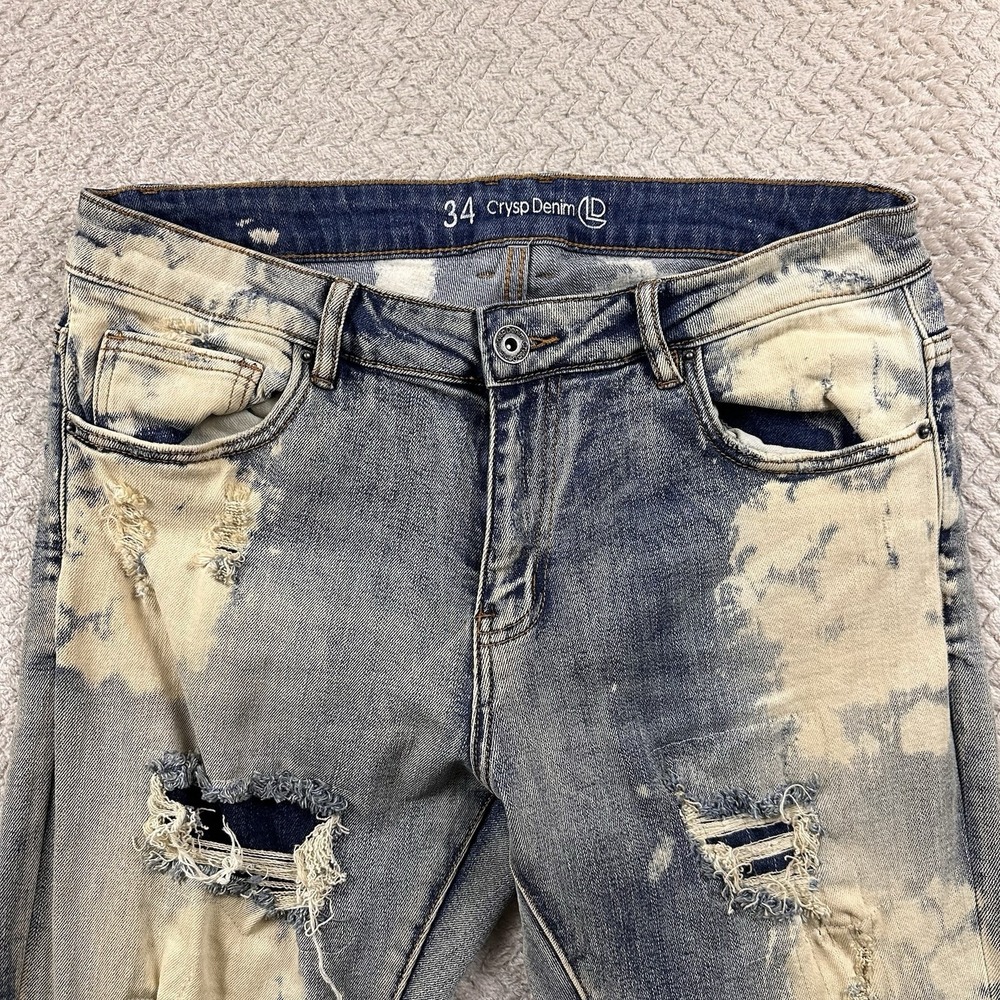 Crysp Denim Mens Jeans 34x34 Distressed Bleach Splatter Graffiti Moto Style Rock - Picture 6 of 15